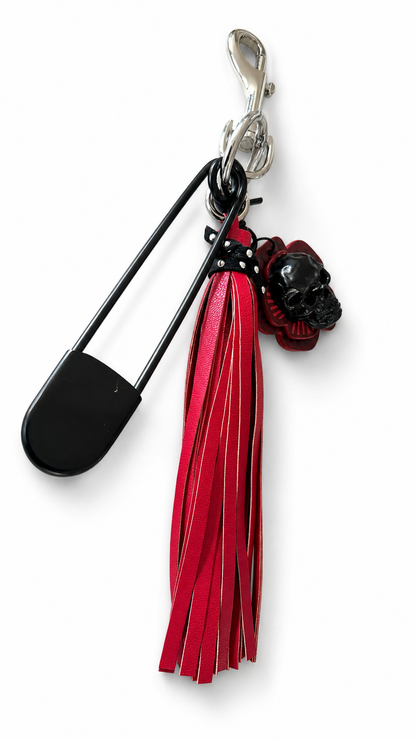 Repurposed Coach Tea Rose Skull, Safety Pin & Red Tassel Bag Charm Cluster