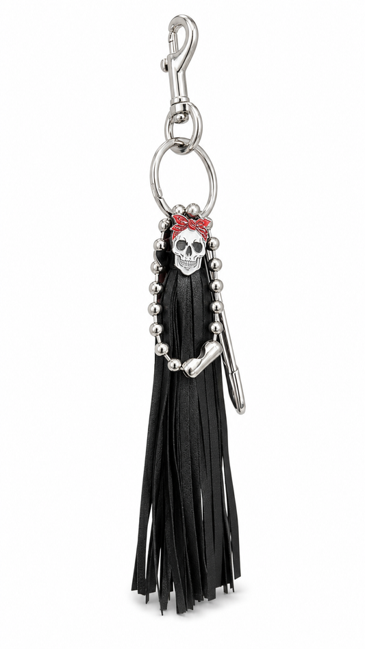 Skull with Red Bandana Pin Vegan Black Tassel Bag Charm Cluster Silver Tone Hardware