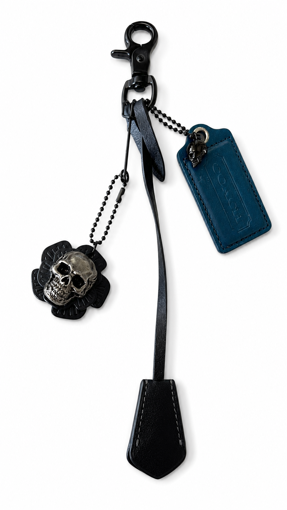 Coach Repurposed Leather Tea Roses with Skull Pin, Coach Clochette, and Painted Coach Hangtag with Black Skull Charm Bag Cluster