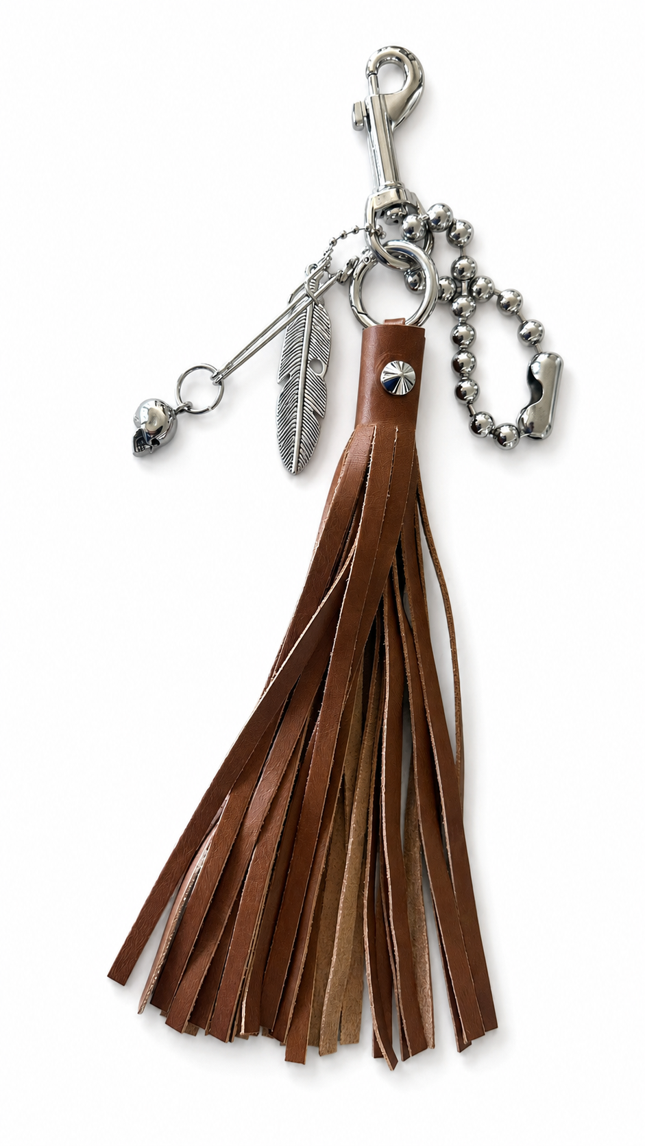Bag Charm Cluster with Silver Tone Hardware Tan Leather Tassel, Large Ball Chain, Skull & Feather Charm