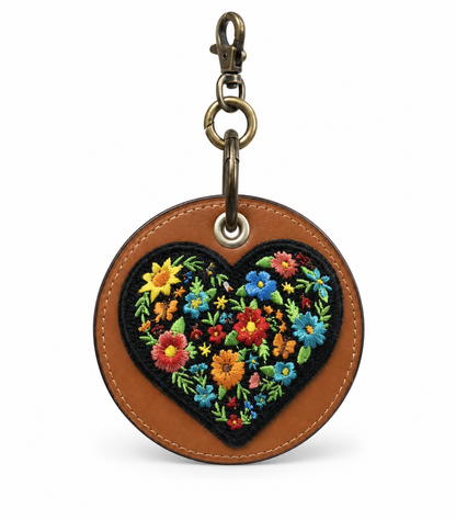 Repurposed Coach Leather Coaster Bag Charm -Orange with Heart Embroidered Applique