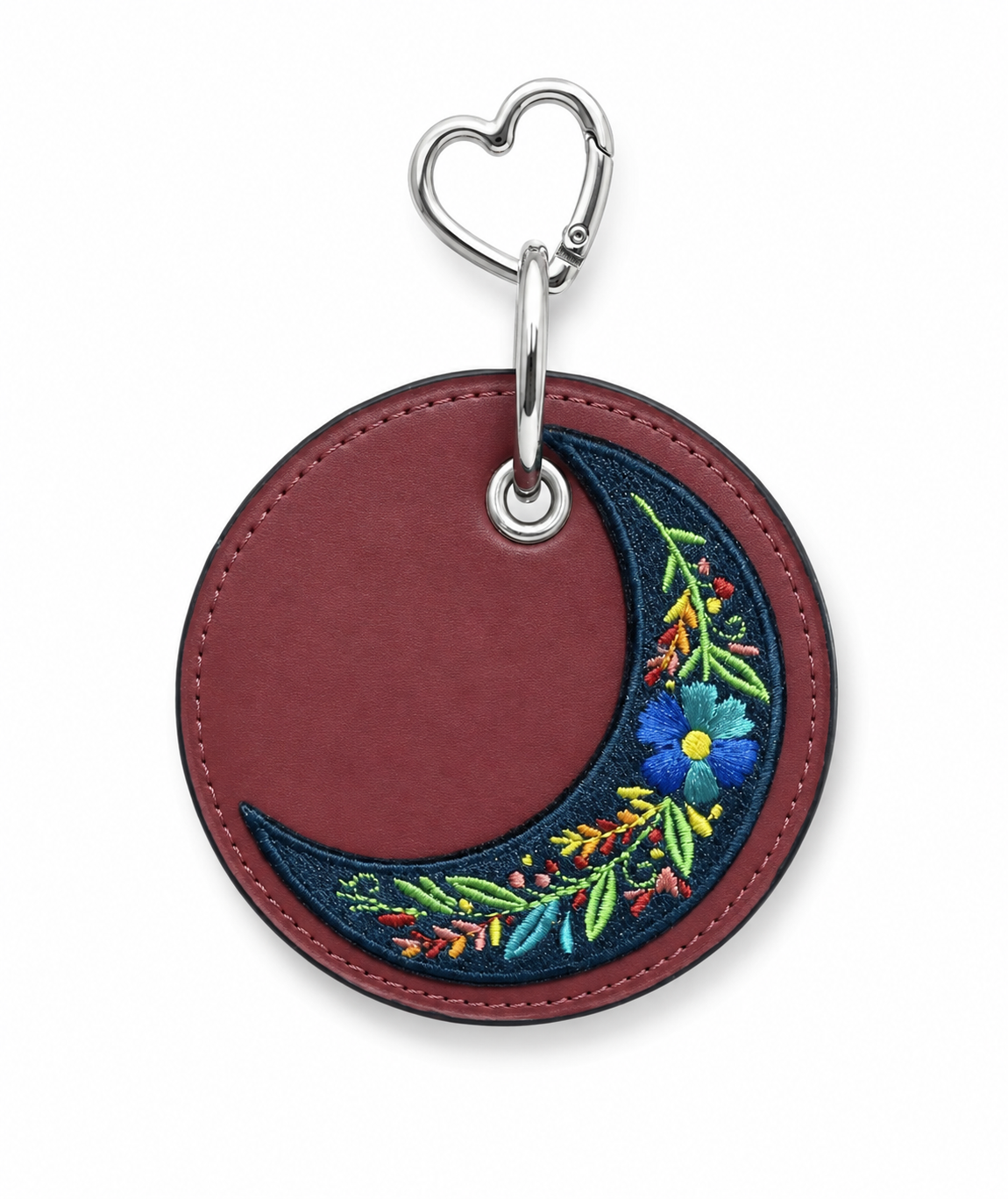 Repurposed Coach Leather Coaster Bag Charm - Red with Moon Embroidered Applique