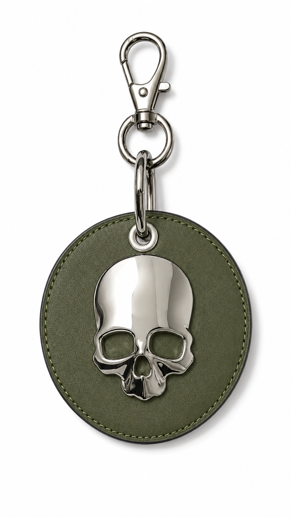 Repurposed Coach Coaster Bag Charm Olive Leather with Chrome Skull