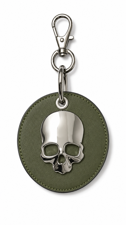 Repurposed Coach Coaster Bag Charm Olive Leather with Chrome Skull