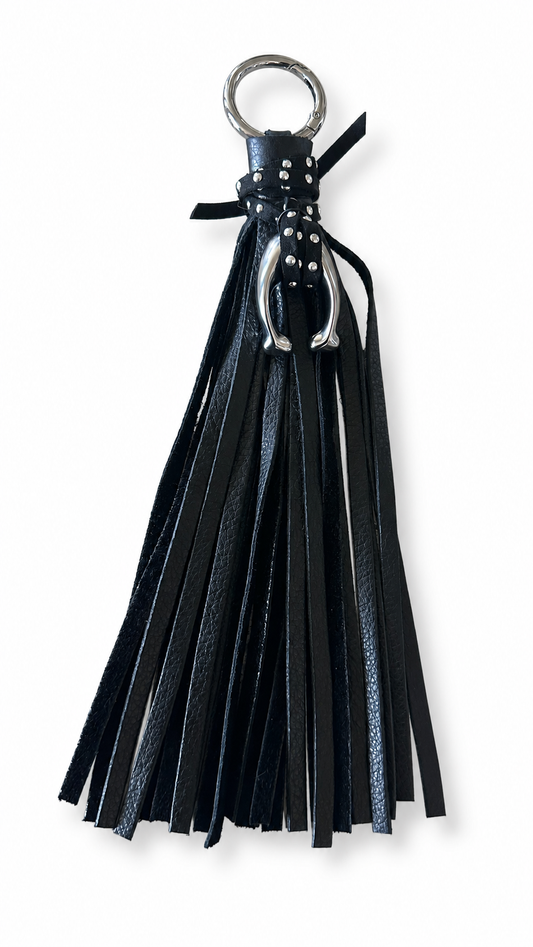Upcrafted C Coach Charm in Silver-Tone with Leather Tassel and Riveted Suede Tie