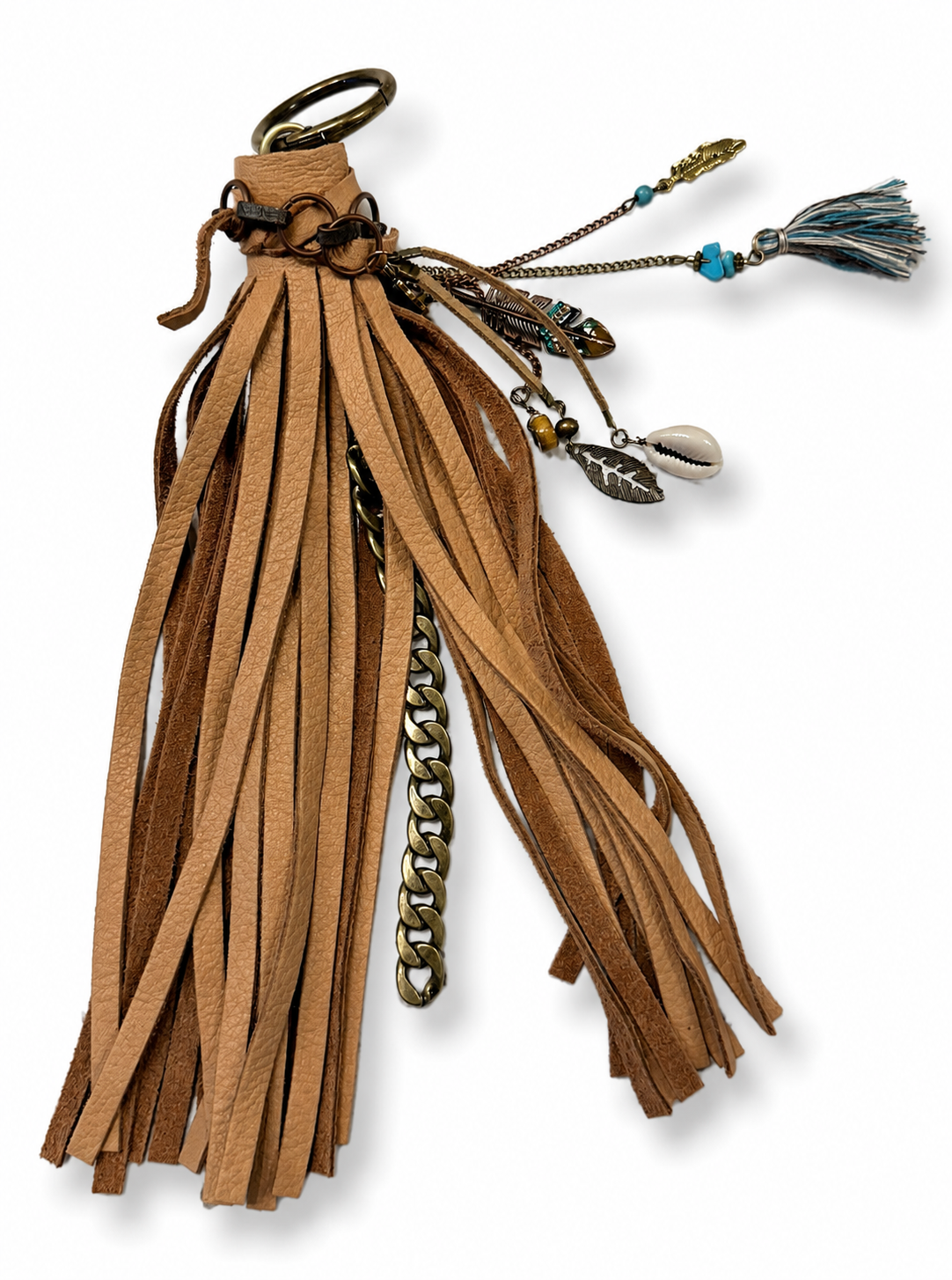 Handmade Tan Leather Western Bag Charm with Brass Hardware & Southwestern Accents