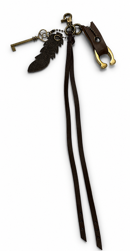 Upcrafted Bag Charm Cluster | Repurposed Coach Leather Tassel, Tic Tac Toe "C", Key & Leather Feather