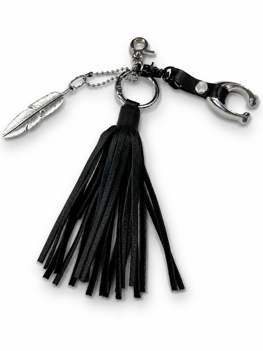 Upcrafted Bag Charm Cluster | Repurposed Coach Tic Tac Toe "C", Silver Feather & Black Pebbled Leather Tassel