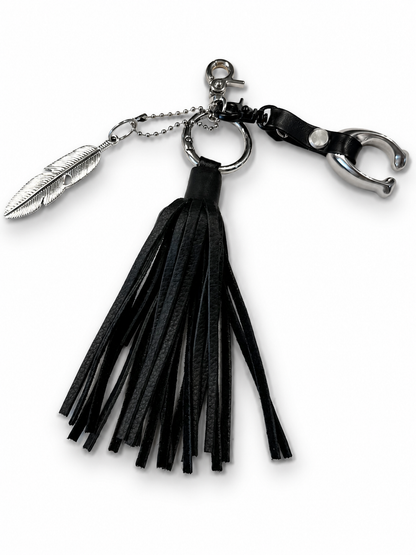 Upcrafted Bag Charm Cluster | Repurposed Coach Tic Tac Toe "C", Silver Feather & Black Pebbled Leather Tassel