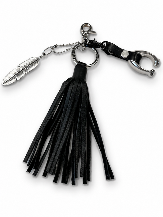 Upcrafted Bag Charm Cluster | Repurposed Coach Tic Tac Toe "C", Silver Feather & Black Pebbled Leather Tassel