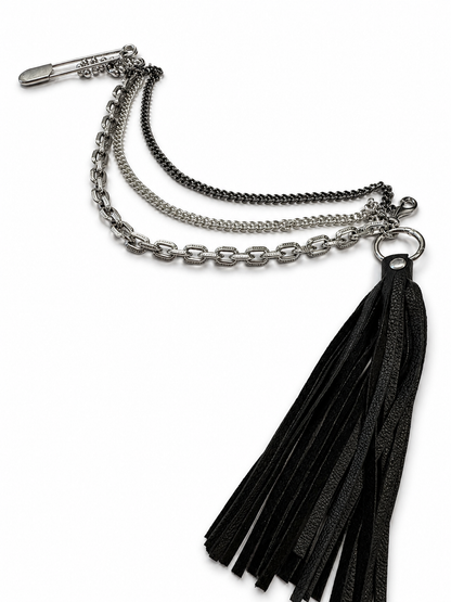 One-of-a-Kind Silver-Tone Three-Tier Bag Chain | Black Pebbled Leather Tassel, Ball Chain & XL Safety Pin