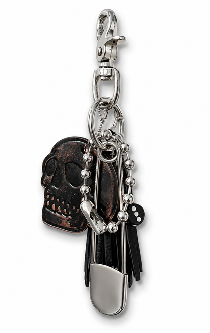 Ships 10.13.26 Bag Charm Cluster | Distressed KMM & Co. Leather Skull, Black Leather Tassel & Silver Hardware