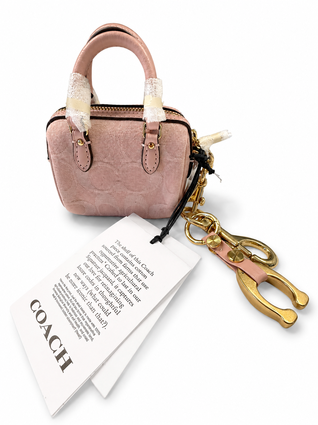 Repurposed Bag Charm Coach Signature Pink Jacquard Mini Rowan Bag Charm (NWT) | Repurposed Coach Tic Tac Toe "C" Charm