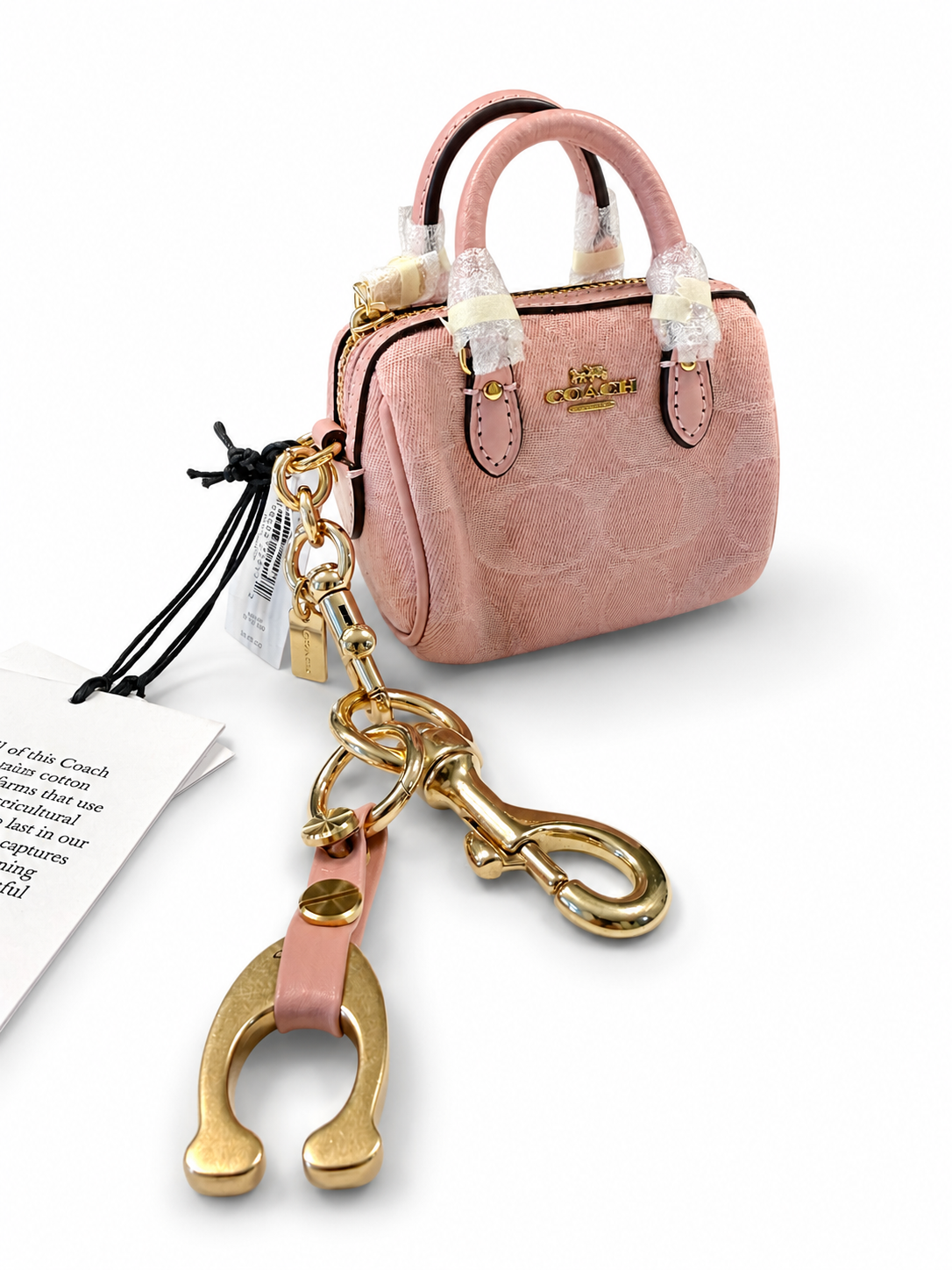 Repurposed Bag Charm Coach Signature Pink Jacquard Mini Rowan Bag Charm (NWT) | Repurposed Coach Tic Tac Toe "C" Charm