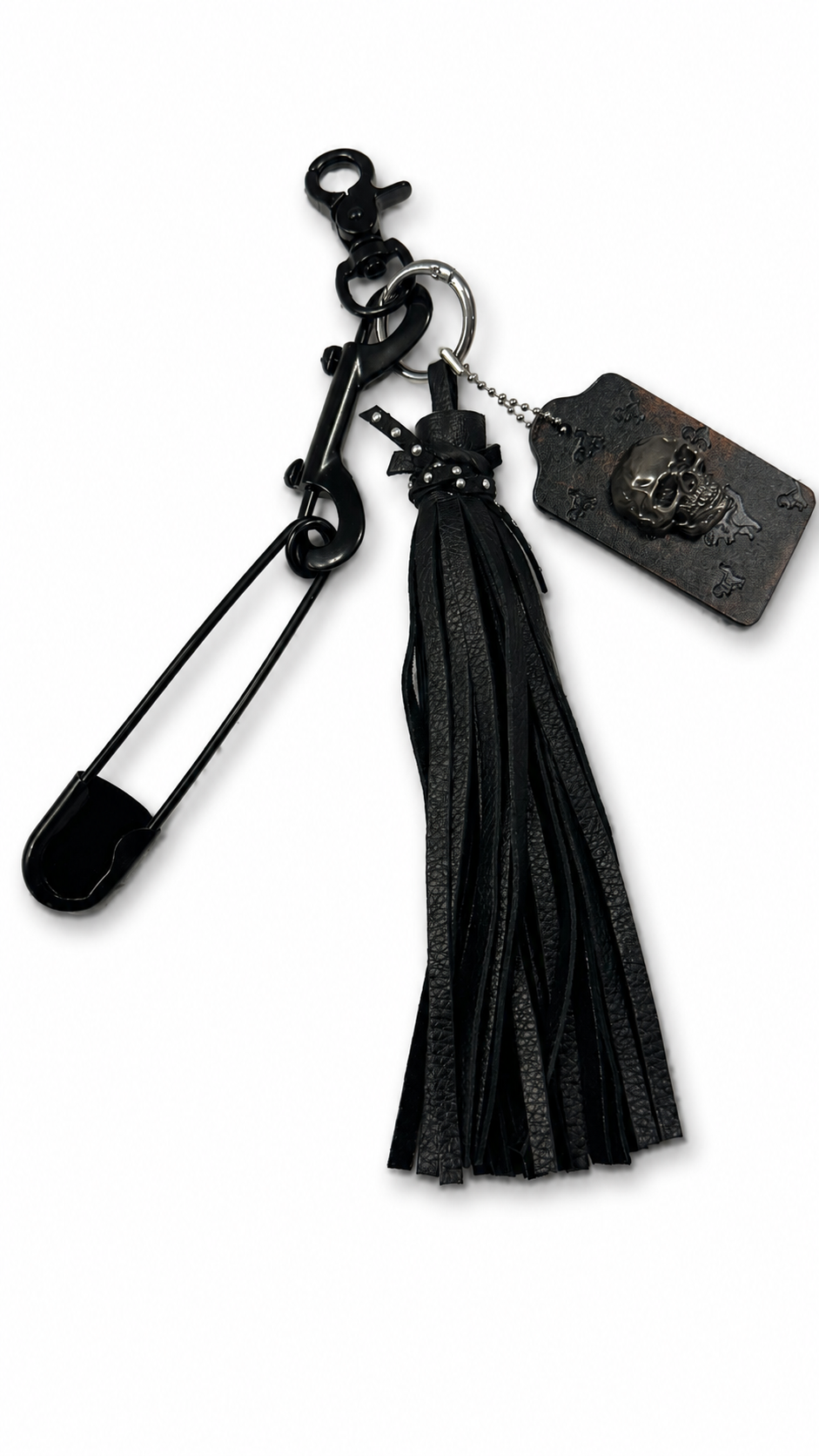 Upcrafted Coach Hangtag, Safety Pin, and Pebbled Leather Tassel Bag Charm Cluster