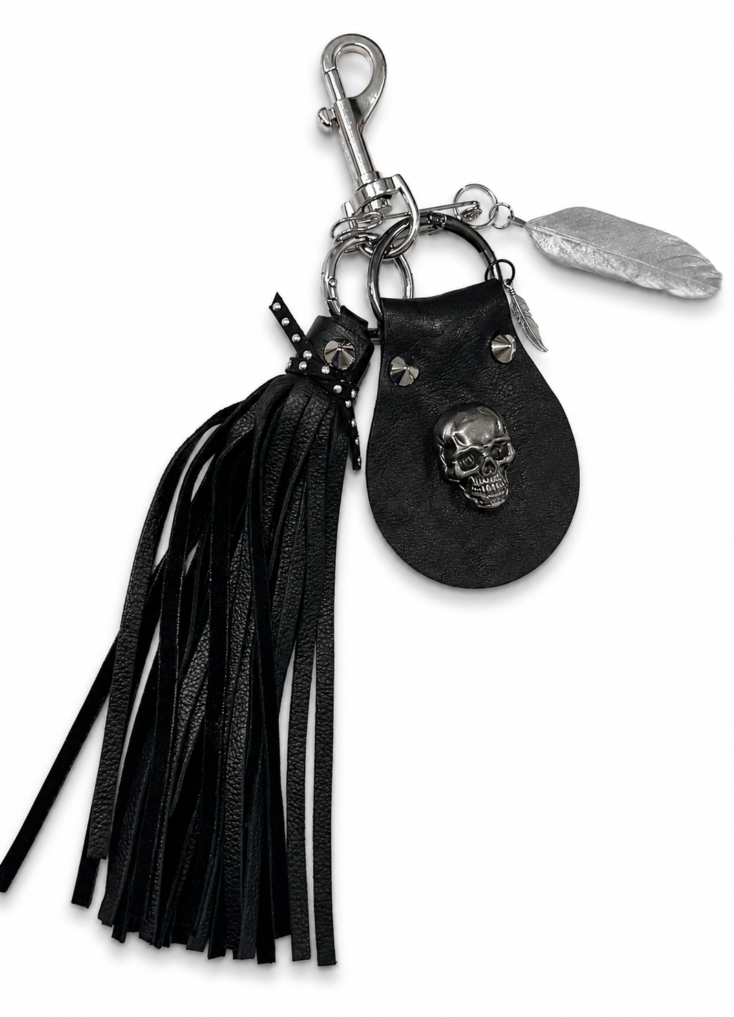 Handmade Leather Tassel & Feather Bag Charm Cluster | Silver Tone Hardware