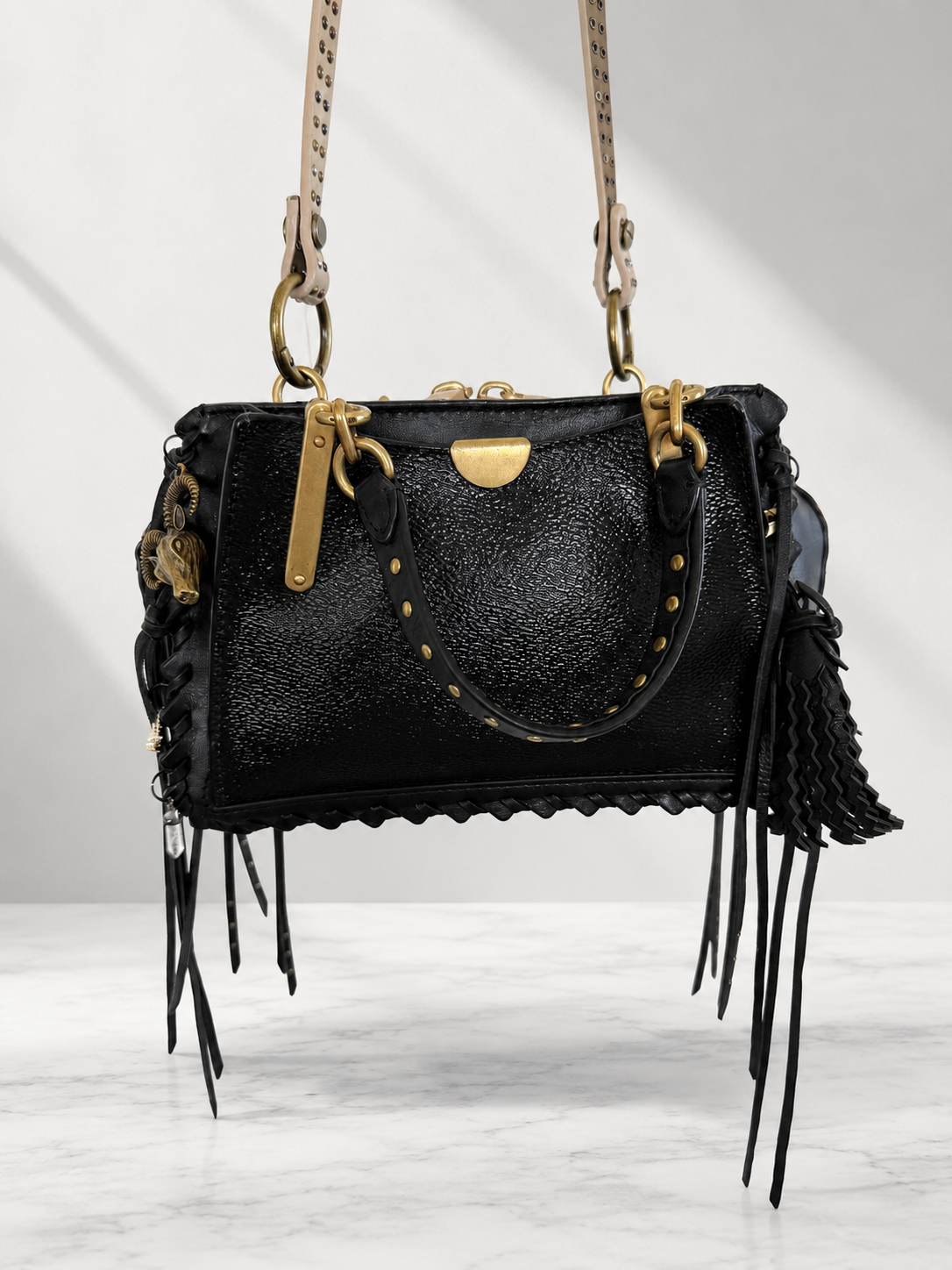 Upcrafted Coach Dreamer Satchel – Black Leather with Whipstitch, Leather Tassels & Charms