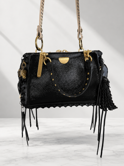 Upcrafted Coach Dreamer Satchel – Black Leather with Whipstitch, Leather Tassels & Charms
