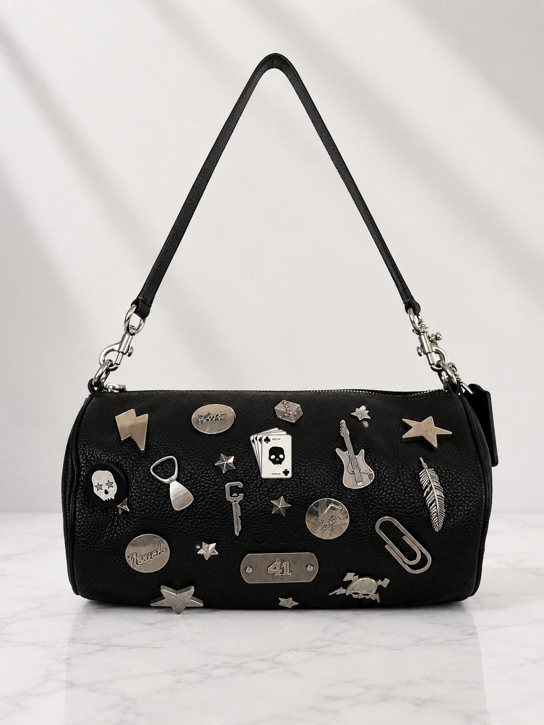 One-of-a-Kind Upcrafted Coach Andre 30 – Black Pebbled Leather with 2016-era Coach Moto Pins, Runway Envelope Charm, & Coach C-Link Charm