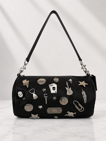 One-of-a-Kind Upcrafted Coach Andre 30 – Black Pebbled Leather with 2016-era Coach Moto Pins, Runway Envelope Charm, & Coach C-Link Charm