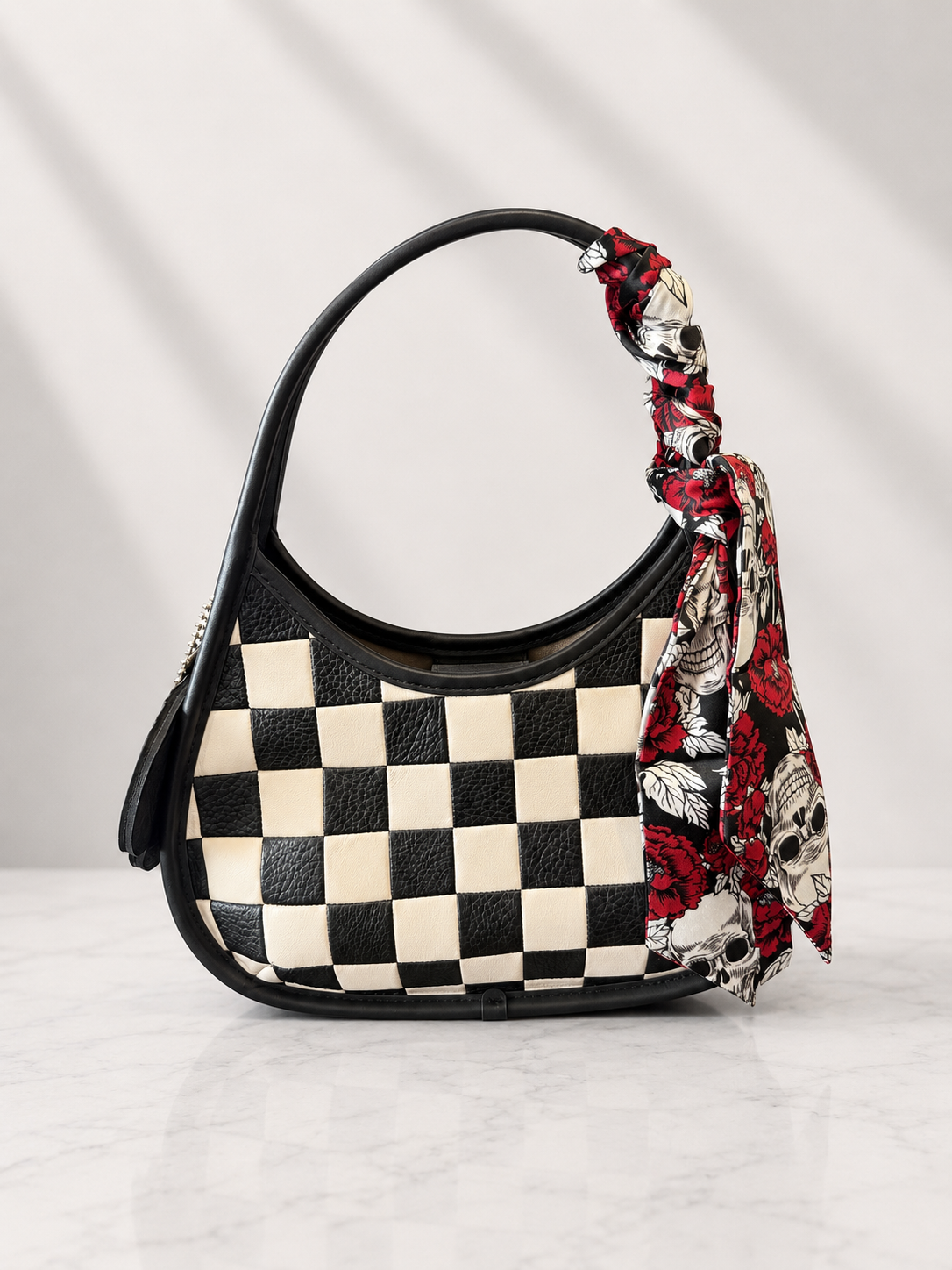 Coachtopia Checkerboard Ergo Bag – Black & White with Skull & Roses Twilly + upcrafted KMM Skull Charm