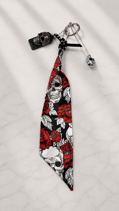 Skull Tag, Silky Twilly Charm, & Skull Safety Pin Bag Charm Cluster