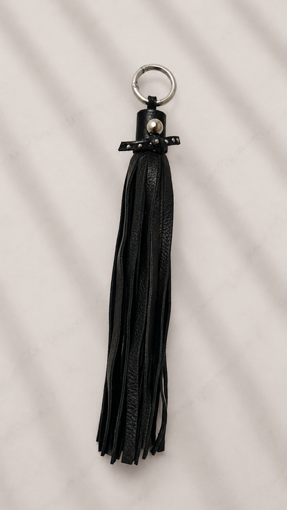 Pebbled Leather Black Tassel with Riveted Tie