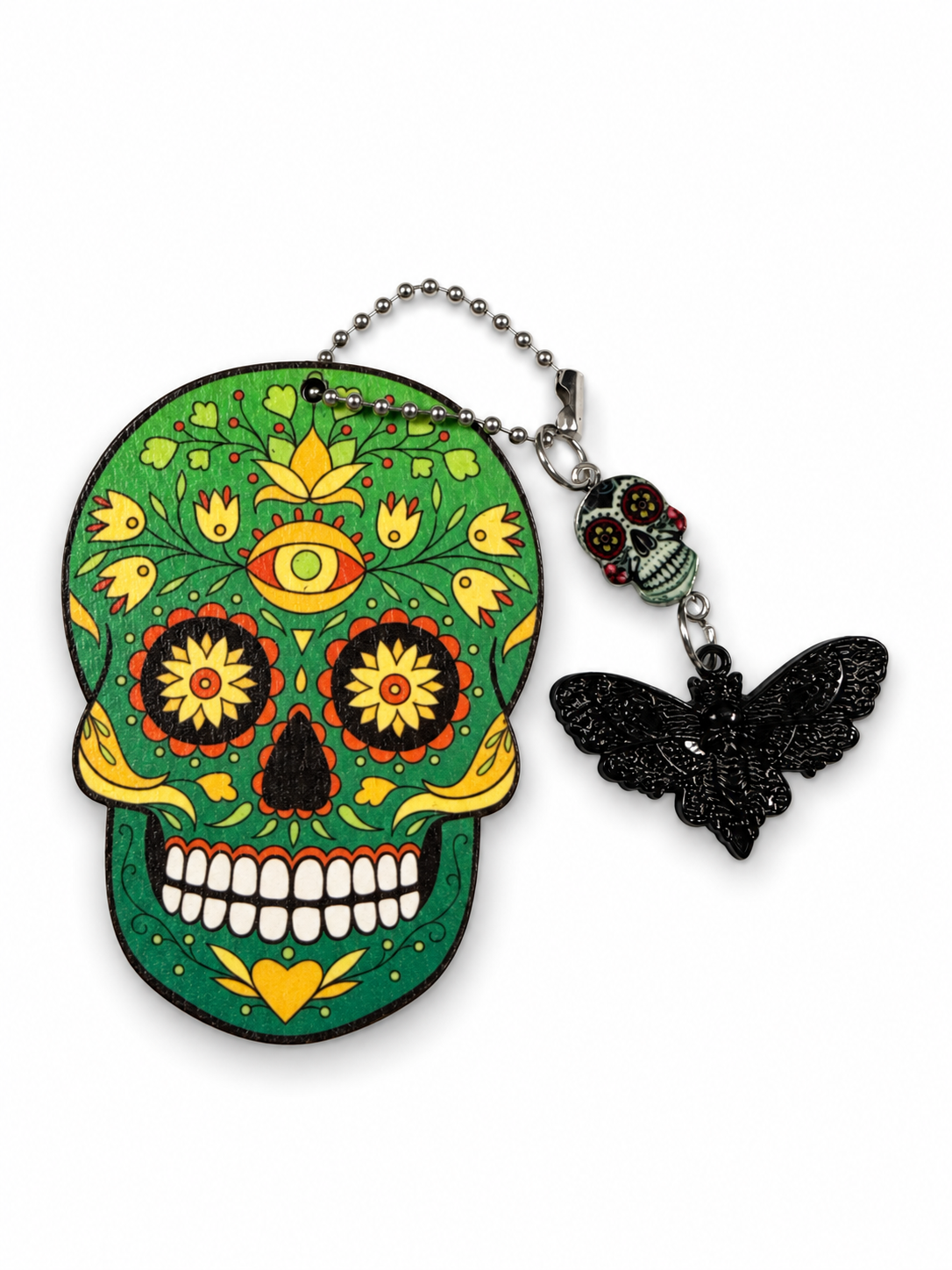 Green Sugar Skull Embossed on Wood with a Sugar Skull and Skull Moth Charm Bag Charm