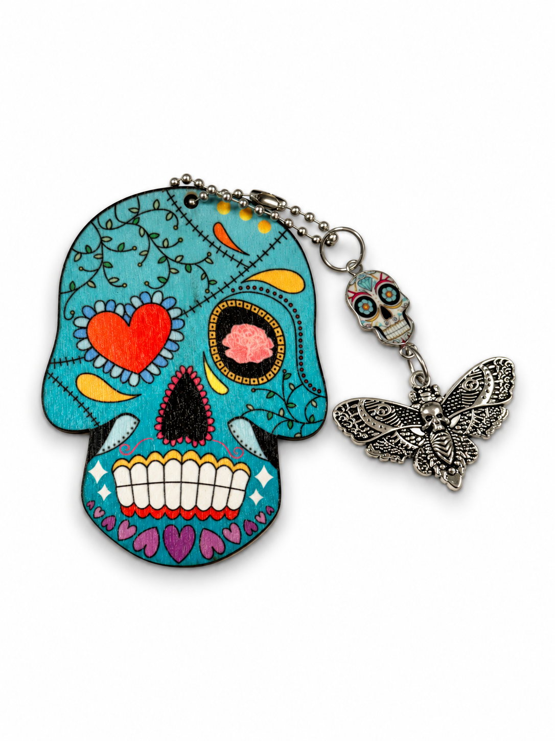 Sugar Skull Embossed on Wood with Sugar Skull and Skull Moth Charm Bag Charm
