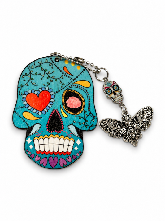 Sugar Skull Embossed on Wood with Sugar Skull and Skull Moth Charm Bag Charm