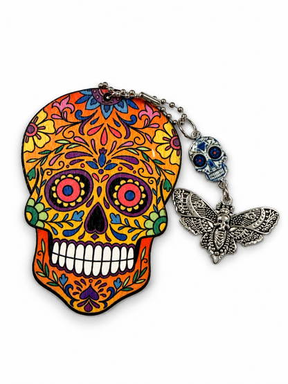 Sugar Skull Embossed on Wood with Sugar Skull and Skull Moth Charm Bag Charm