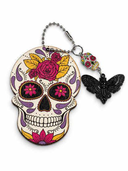 Sugar Skull Embossed on Wood Cut Out Bag Charm with Sugar Skull and Skull Moth Charm