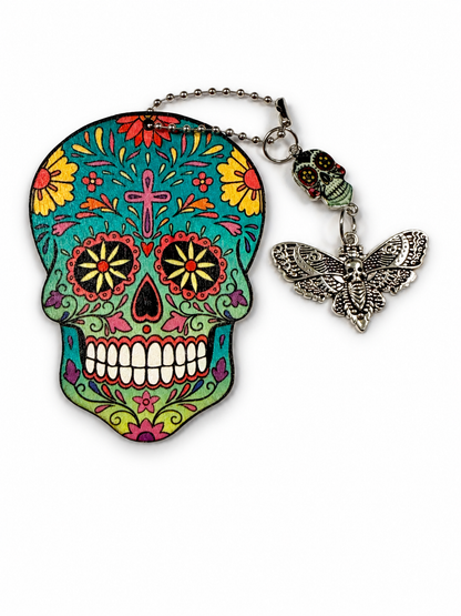 Sugar Skull Embossed on Wood with Sugar Skull and Skull Moth Charm Bag Charm