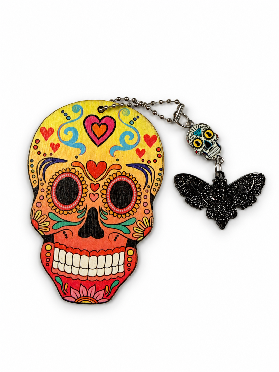 Sugar Skull Embossed on Wood with Sugar Skull and Skull Moth Charm Bag Charm