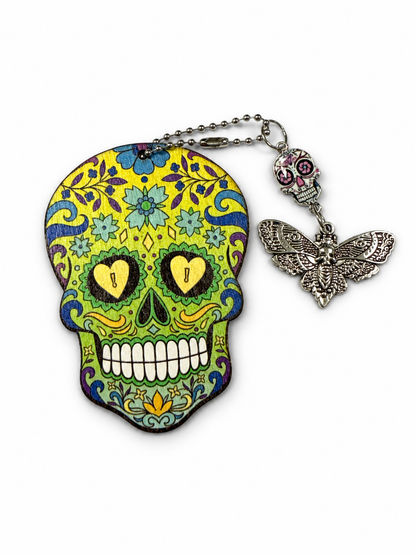 Sugar Skull Embossed on Wood with Sugar Skull and Skull Moth Charm Bag Charm