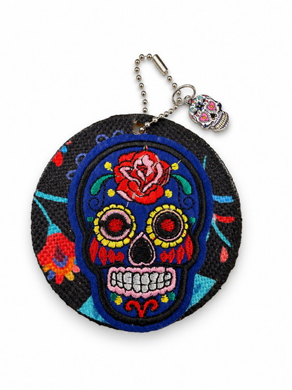 Sugar Skull Patch and Textile on a Painted Leather Disc with Sugar Skull Charm