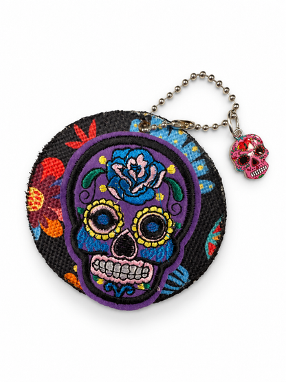 Sugar Skull Patch and Textile on a Painted Leather Disc with Sugar Skull Charm