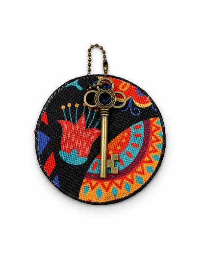 Dia De Los Muertos Textile on a Painted Leather Disc with Charm