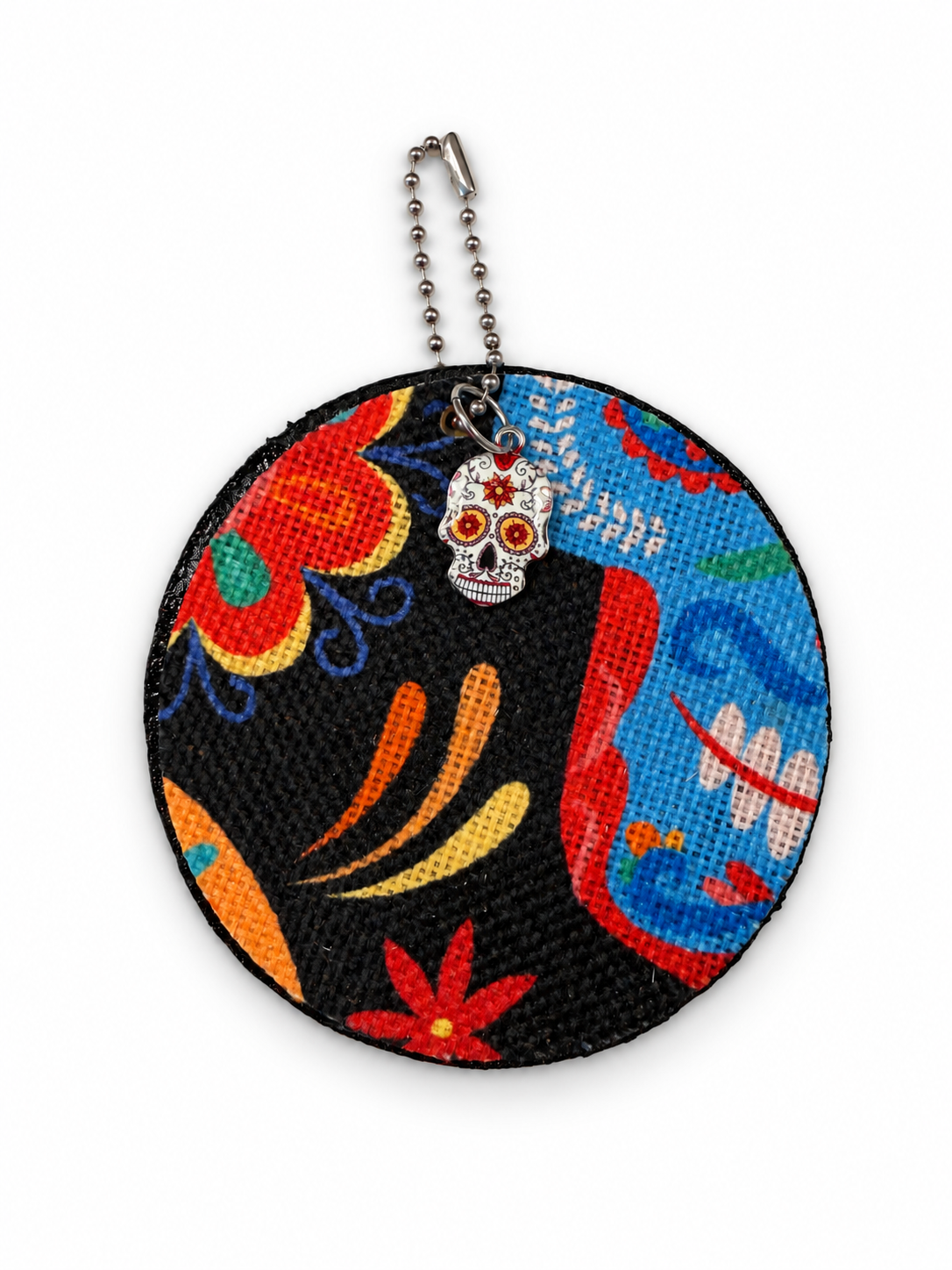 Sugar Skull Textile on a Painted Leather Disc with Charm