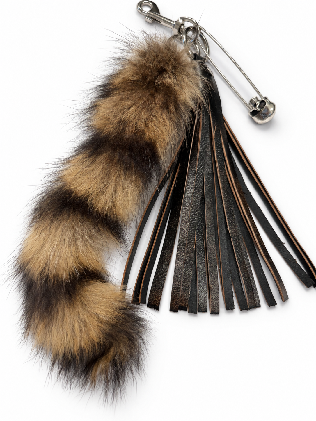 Handcut Painted Distressed Leather Tassel with Faux Fur Racoon Tail and Skull Safety Pin Bag Charm