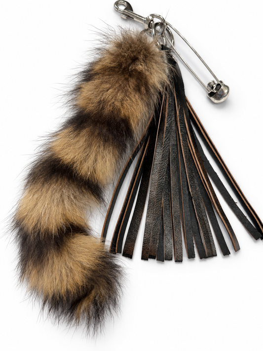 Handcut Painted Distressed Leather Tassel with Faux Fur Racoon Tail and Skull Safety Pin Bag Charm