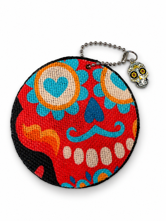 Sugar Skull Textile on a Painted Leather Disc with Charm
