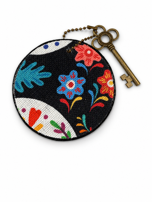 Dia De Los Muertos Textile on a Painted Leather Disc with Charm
