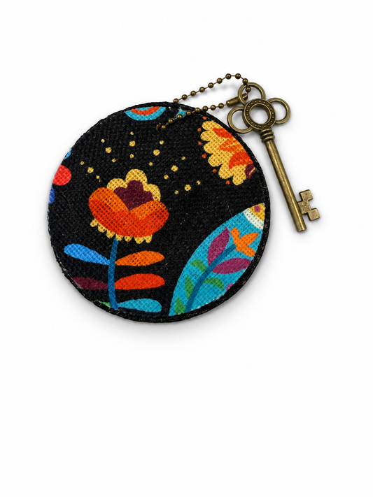 Dia De Los Muertos Textile on a Painted Leather Disc with Charm
