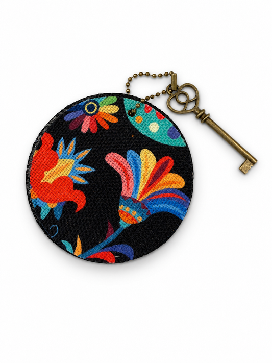 Dia De Los Muertos Textile on a Painted Leather Disc with Charm