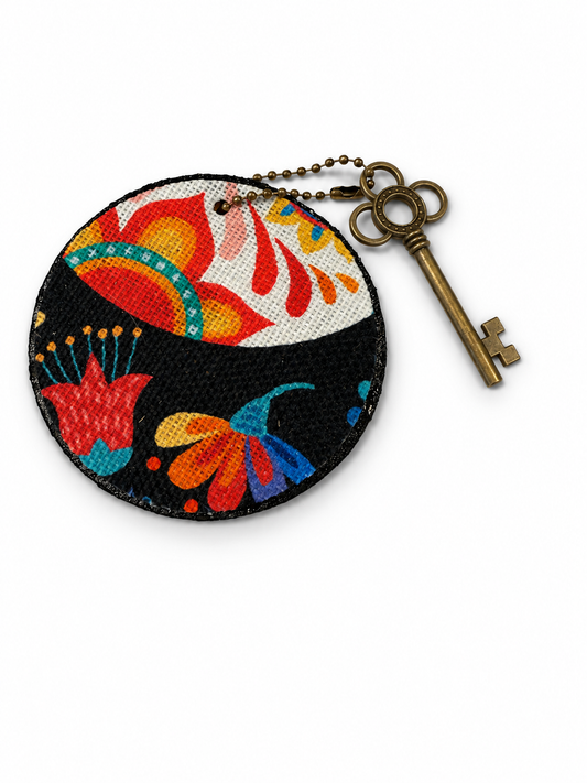 Dia De Los Muertos Textile on a Painted Leather Disc with Charm