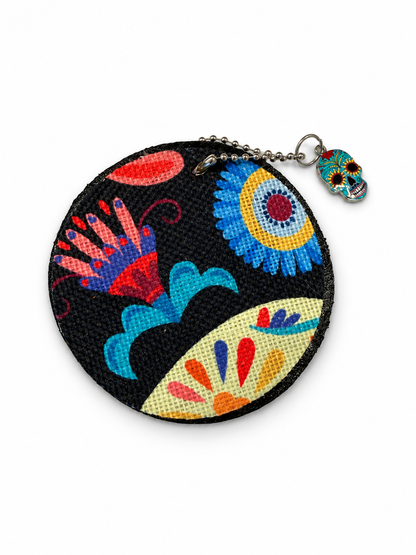 Dia De Los Muertos Textile on a Painted Leather Disc with Charm