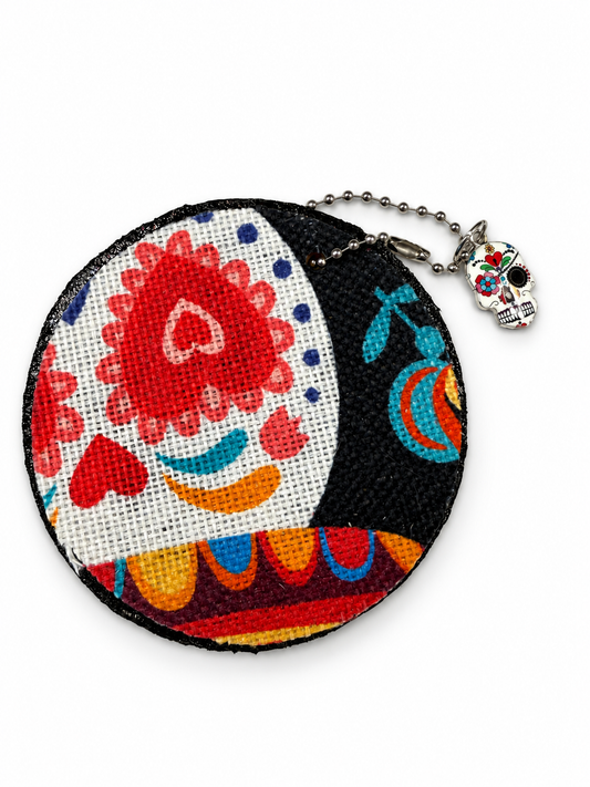 Sugar Skull Textile on a Painted Leather Disc with Charm