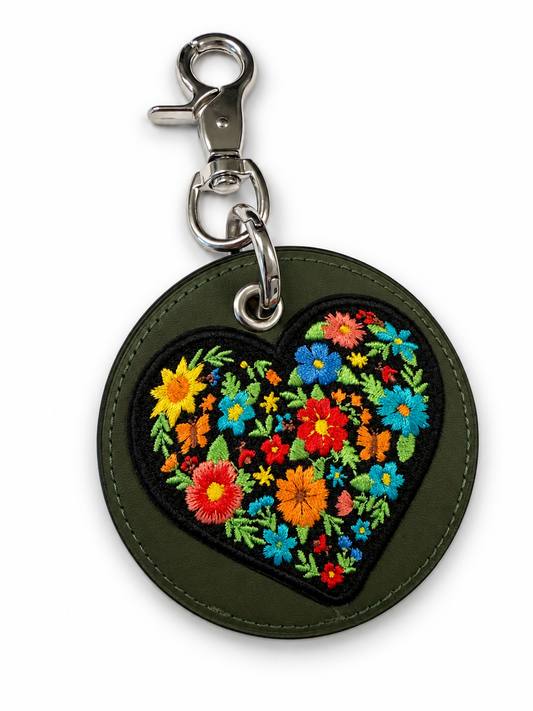 Repurposed Olive Coach Coaster with an Embroidered Heart Patch Bag Charm
