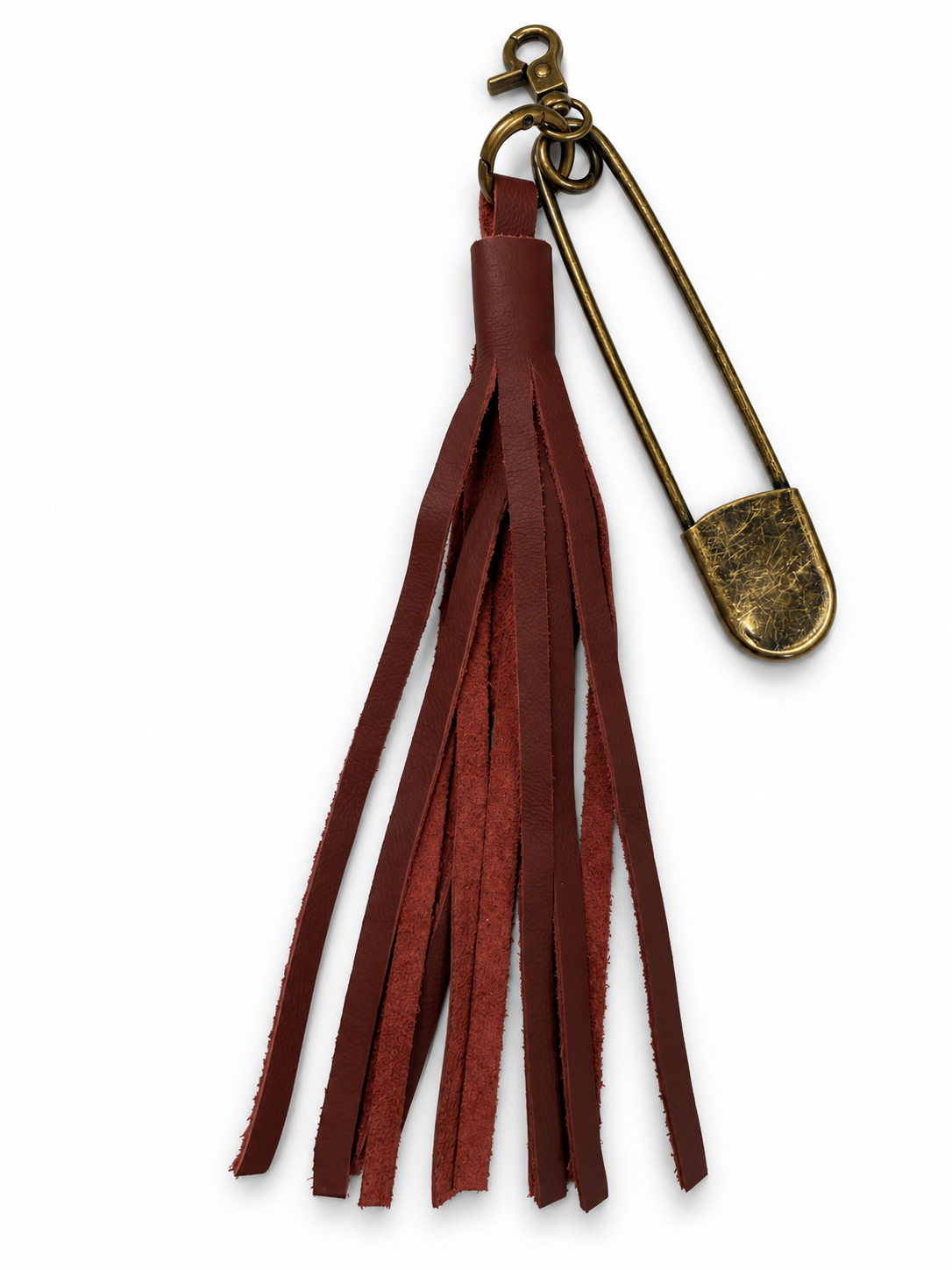 Handcut Rust Leather Tassel with Antique Brass Hardware XL Safety Pin